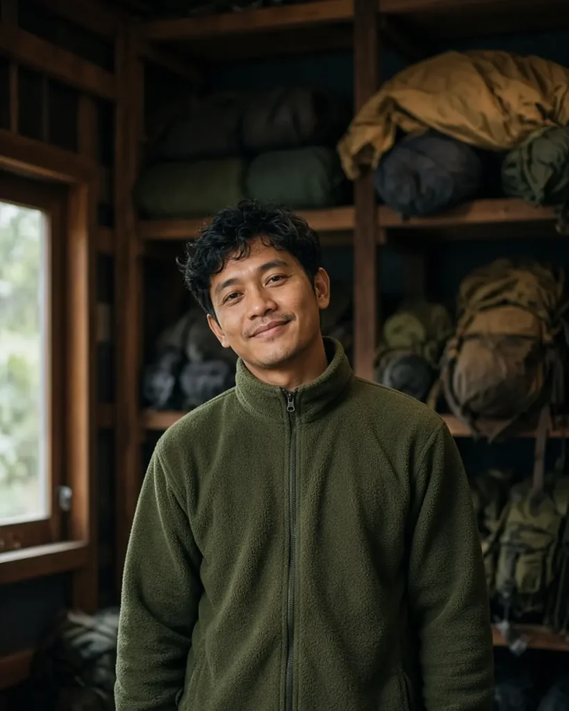Bagus Pratama, pendiri BAGUS, berdiri di basecamp dengan rak tenda dan carrier