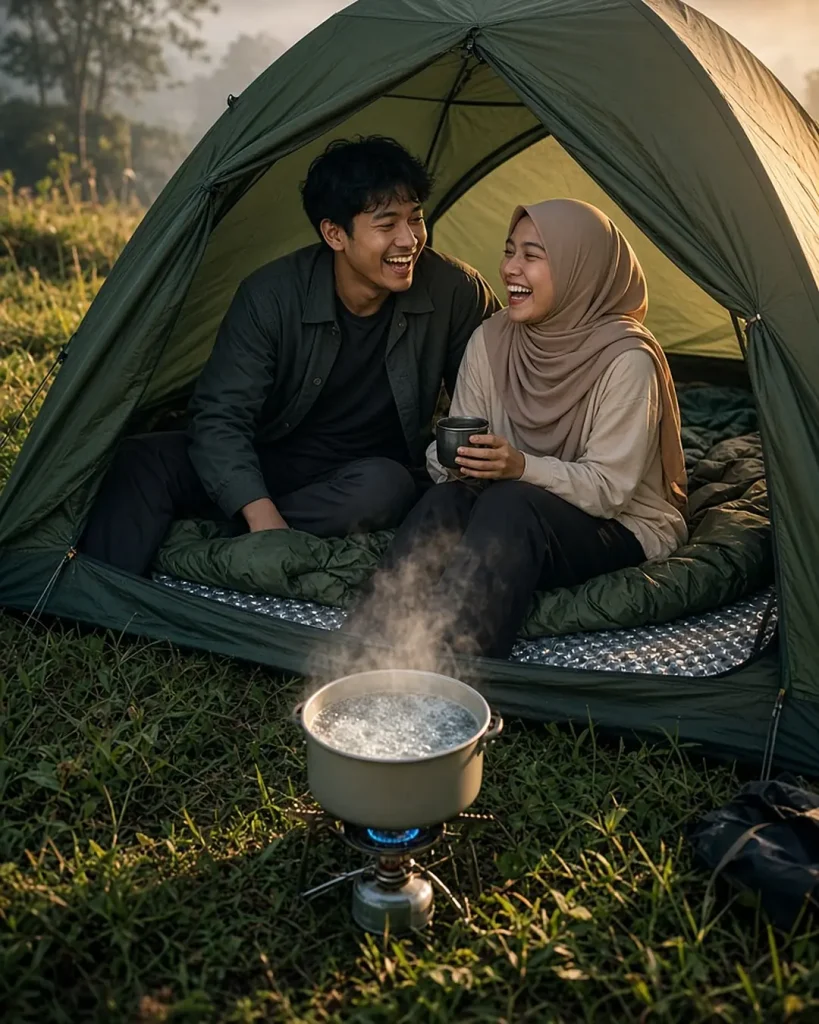 Dua sahabat tertawa di depan tenda sambil menyeduh kopi di pagi hari