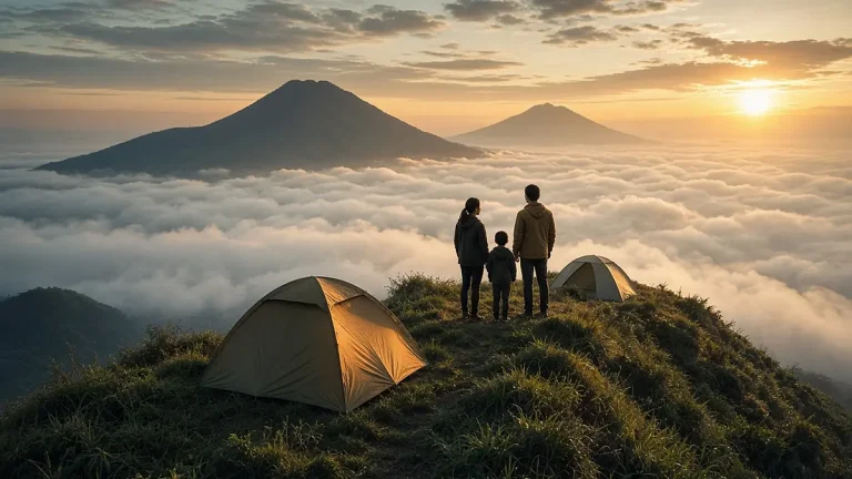 Keluarga menikmati matahari terbit di samping tenda di puncak Gunung Andong