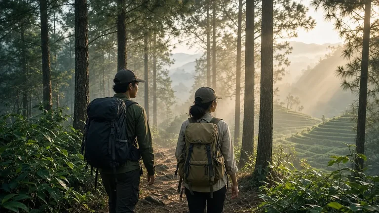 Dua pendaki menyusuri jalur hutan pinus Gunung Ungaran via Basecamp Mawar