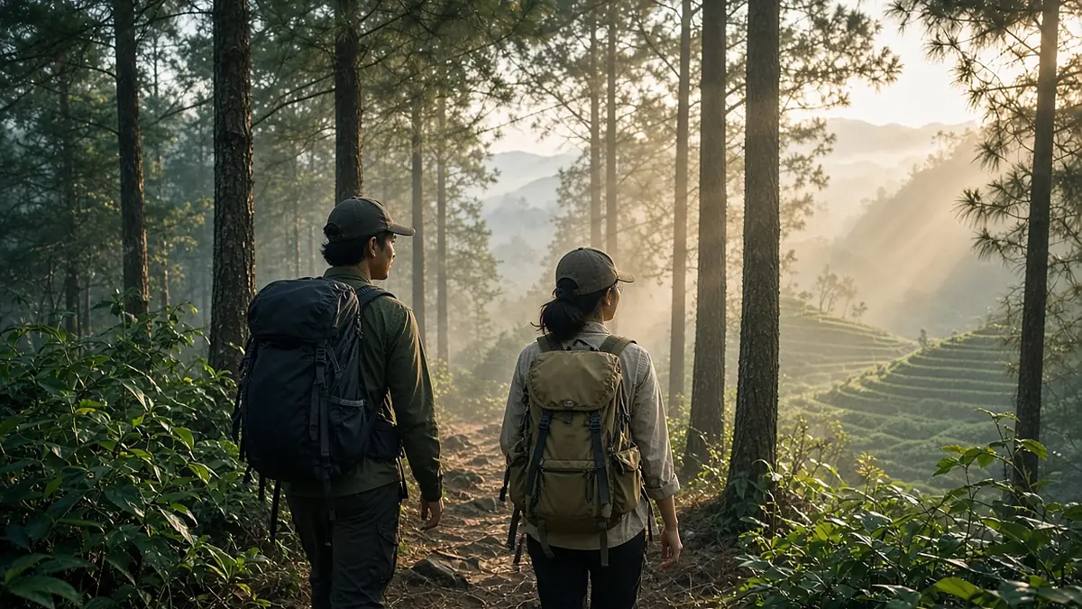 Dua pendaki menyusuri jalur hutan pinus Gunung Ungaran via Basecamp Mawar