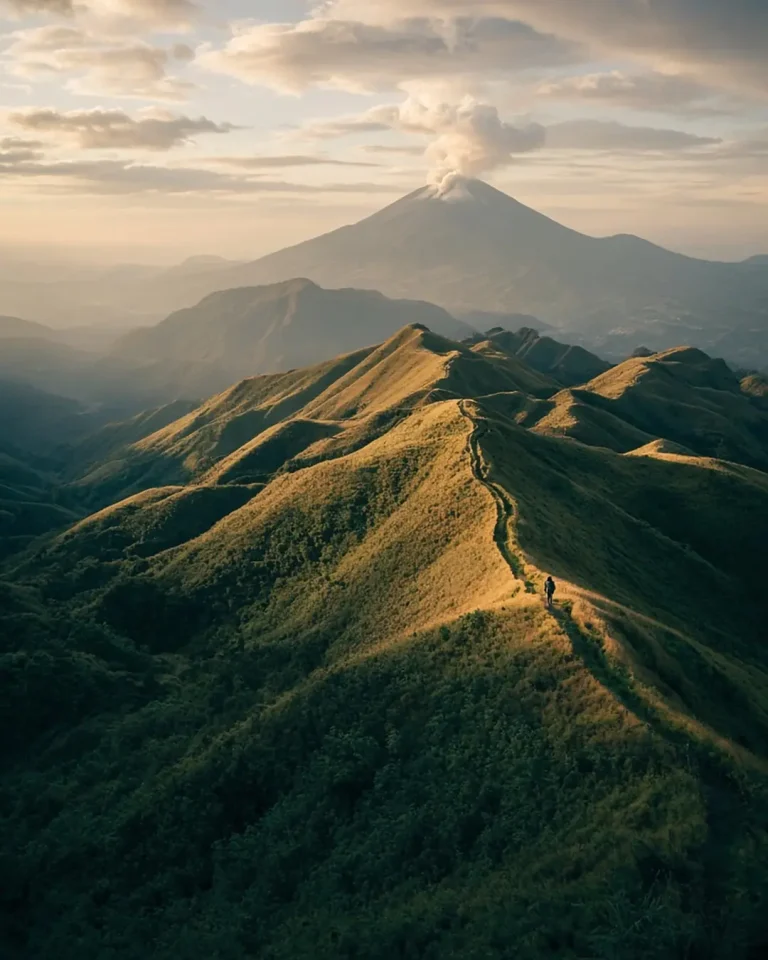 Sabana luas Gunung Merbabu dengan jalur pendakian dan Gunung Merapi di kejauhan