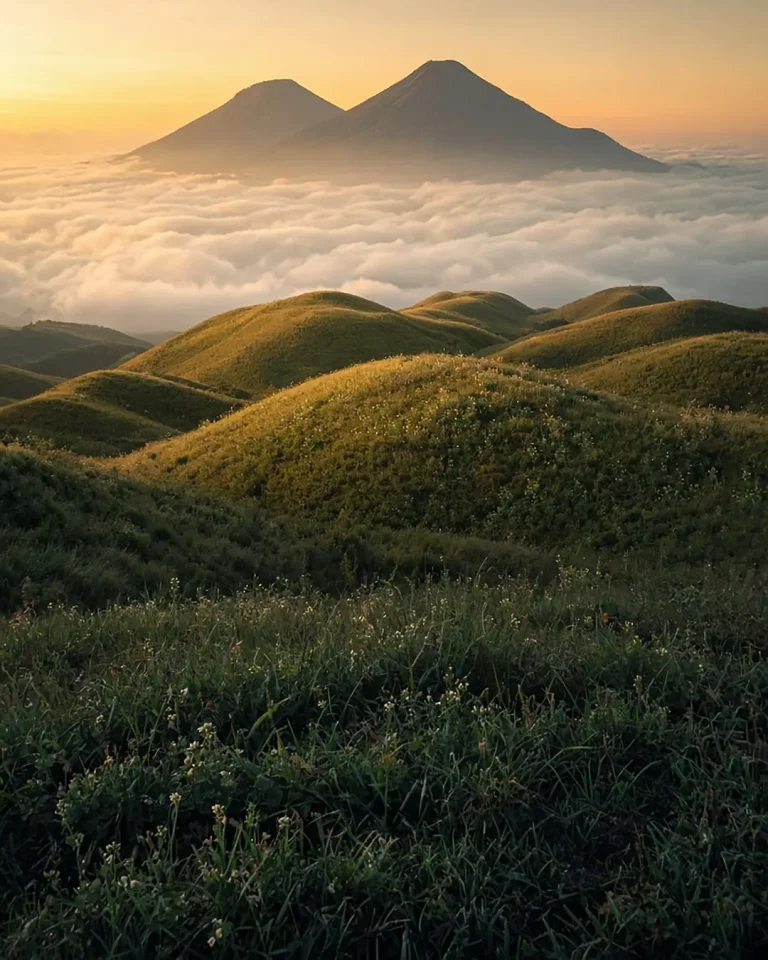 Bukit hijau Gunung Prau dengan Gunung Sindoro dan Sumbing di atas lautan awan