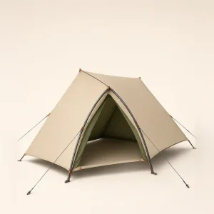 Flysheet 3x4 meter warna krem terpasang model segitiga dengan dua tiang