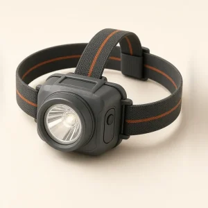 Headlamp LED warna abu-abu gelap dengan tali elastis