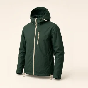 Jaket gunung windproof warna hijau tua dengan tudung dan resleting krem