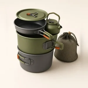 Set alat masak nesting berisi panci, wajan, dan ketel aluminium warna abu-abu dan hijau