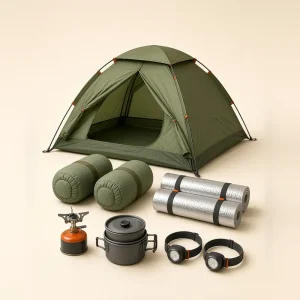 Isi Paket Camping Ceria Berdua: tenda 2 orang, 2 sleeping bag, 2 matras, kompor, nesting, dan 2 headlamp