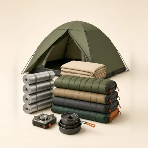 Isi Paket Keluarga Glamping: tenda 4 orang, flysheet, 4 sleeping bag, 4 matras, kompor, dan nesting