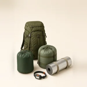 Isi Paket Pendaki Solo: carrier 45 liter, tenda, sleeping bag, matras foil, dan headlamp