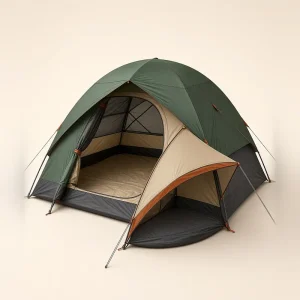 Tenda dome 4 orang warna hijau tua dengan teras depan dan pintu terbuka